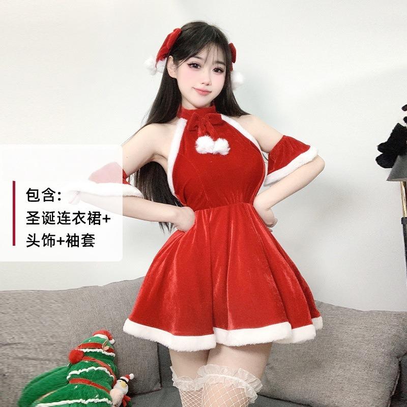 Sexy lingerie sexy halter velvet perspective uniform passion cute pure desire christmas flirting uniform 1