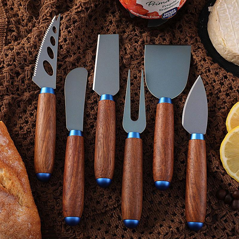 New Style Carved Wooden Handle Cheese and Butter Knife Set with Titanium Alloy Blades