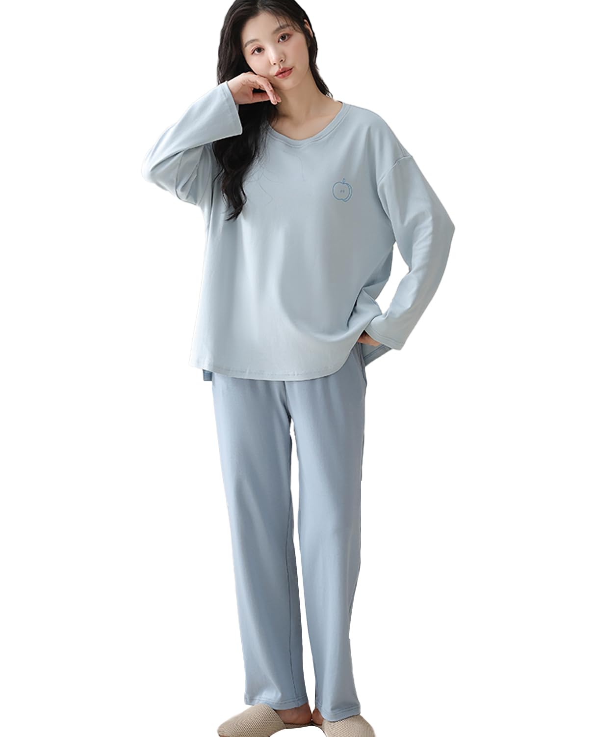

Kayuuhin Long Sleeve Loose and Comfortable Pullover Pajamas Blue Size Women s Pajamas, 100% Cotton, Spring/Autumn Loungewear, Cute, Fit, Soft,