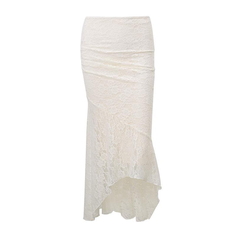 Women's Strapless Sleeveless Lace Cropped Top High Waist Fishtail Maxi Skirt 2-Piece Set