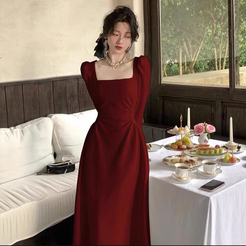 Red longsleeved dress women's spring and autumn engagement dress bridal toasting clothes can usually wear red skirt long dress