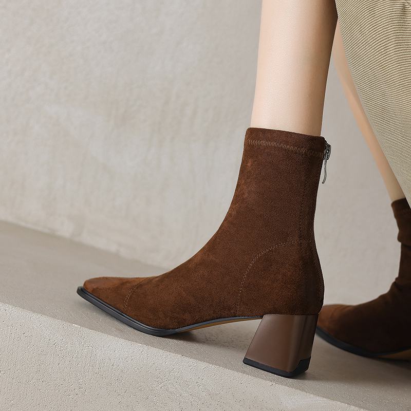 Krazing Pot Microfiber Flock Square Toe Winter Thick High Heels Fashion Boots Women Size 42 Elegant Patch Work Ankle Boots