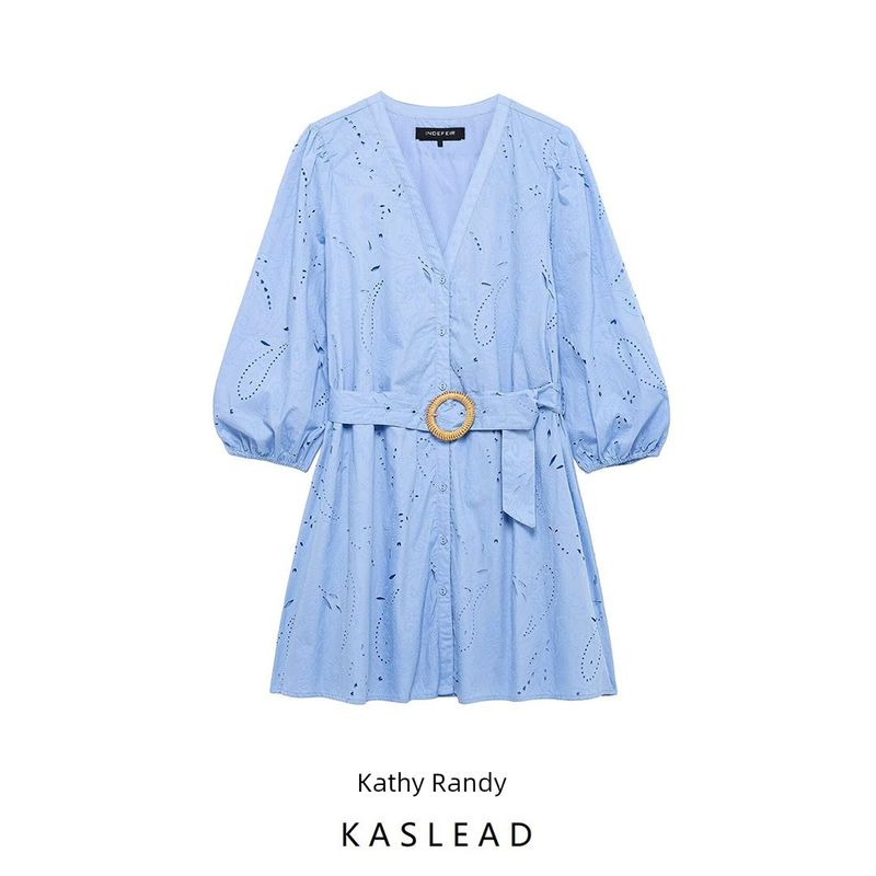 Kaslead New Arrival Women's Clothing Fashion Style Fashion Adhesive Embroider Elegant V Neck Short Dress 4387043