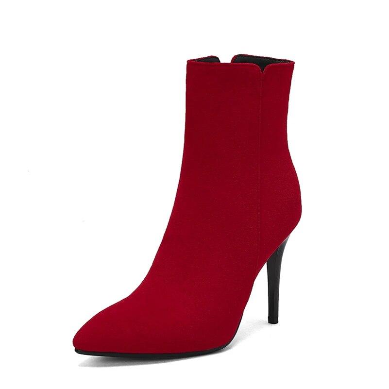 

ANNYMOLI Жіночі ботильйони з гострим носком, тонкі високі підбори, короткі черевики на блискавці, лаконічний дизайн, жіноче модне взуття, зимове, червоне, червоне 43 39 червоний