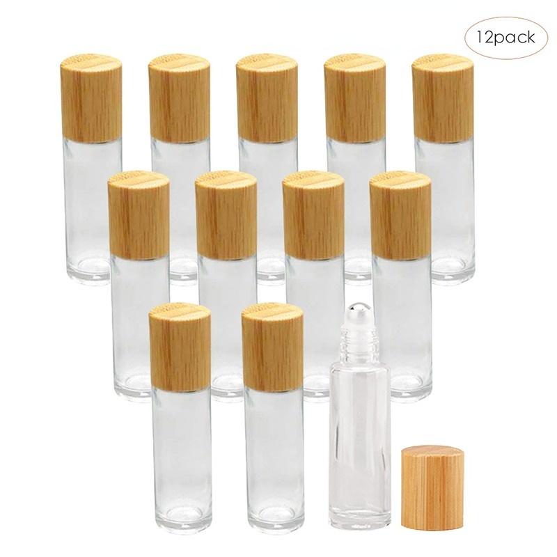 5-12Pcs 10ml Refillable Spray Bottle Roll On Glass Bottles For Essential Oil Roller Bottles Refillable Container With Bamboo Lid Glass