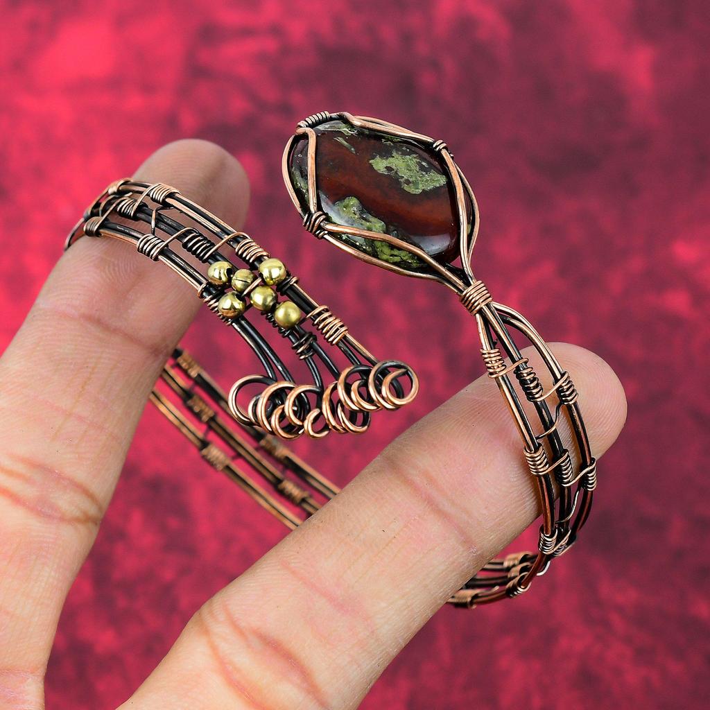 Dragon Bloodstone Bangle Copper Wire Wrapped Cuff Bracelet Gemstone Adjustable Bangle Copper Jewelry Gift For Him Handmade Wire Wrap Jewelry