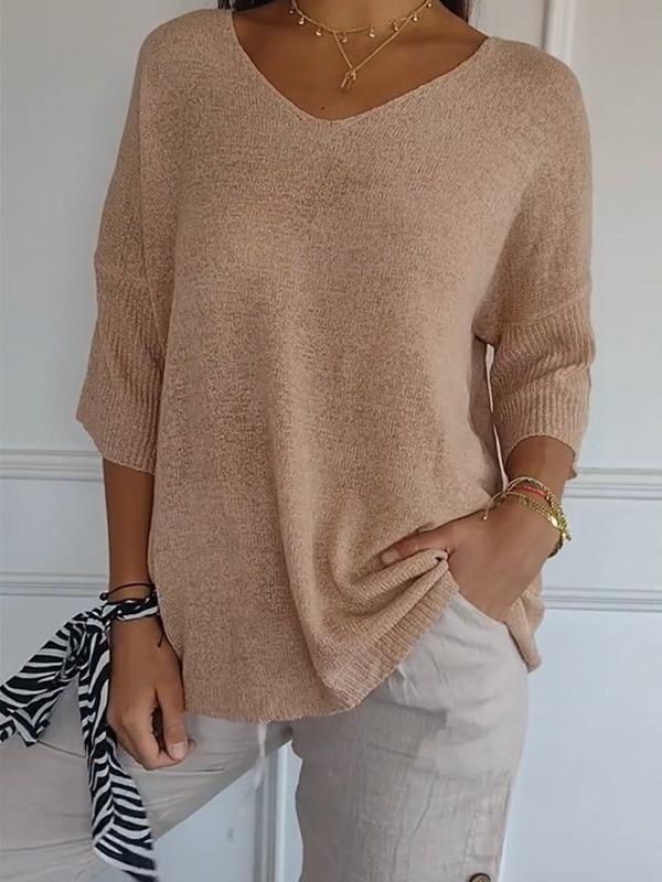 Women's V Neck Half Sleeve Knit Sweater Loose Fit Casual Solid Color Pullover Top