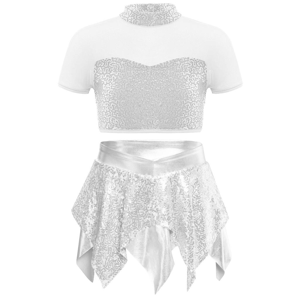 Mädchen Jazz Tanz Outfit Mock-Ausschnitt Kurzarm Mesh Patchwork Cutout Rücken Glänzende Pailletten Crop Top Rock mit unregelmäßigem Saum