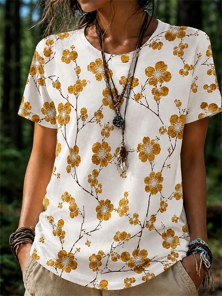 Women's Summer Fashion Casual T-Shirt 3D Floral Print Round-Neck Short-Sleeve Top Elegant and Chic Women's Short-Sleeve Top