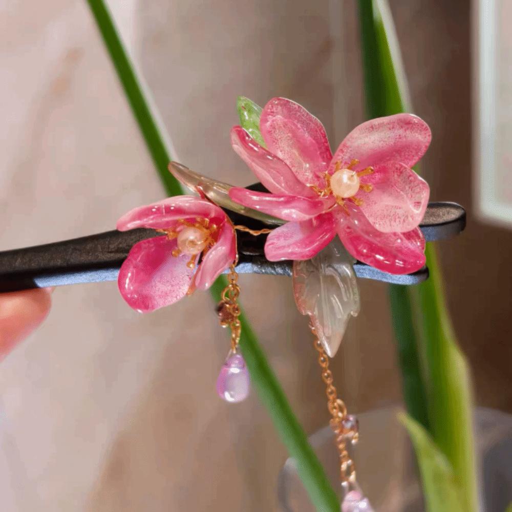 Lotus Floral Hair Stick Tassel Wood Chinese Style Hairpin Elegant Retro Traditional Hanfu Hair Accessory Stage Performance