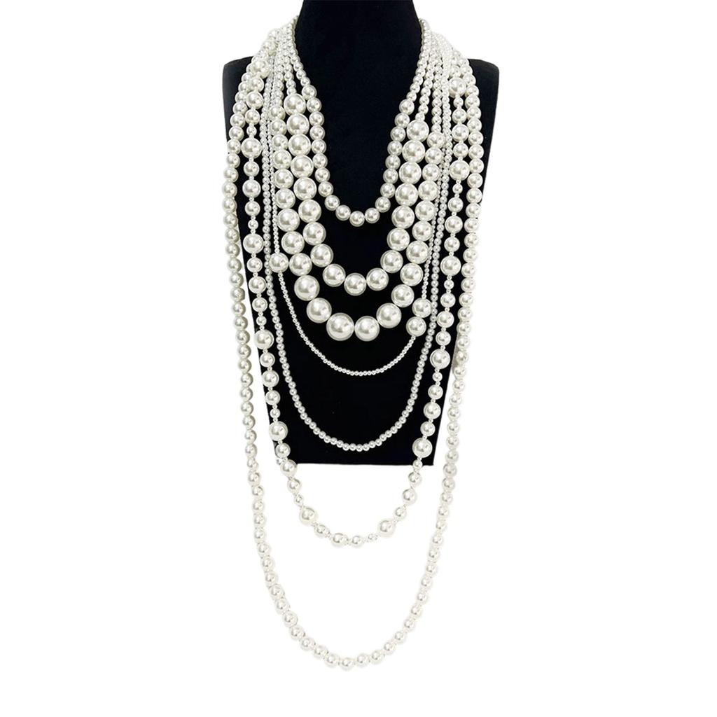 Trendy Geometric Design 7 Layer Pearls Chain Statement Jewelry Set Vintage Fashion Pears Jewelry Suitable For All Season