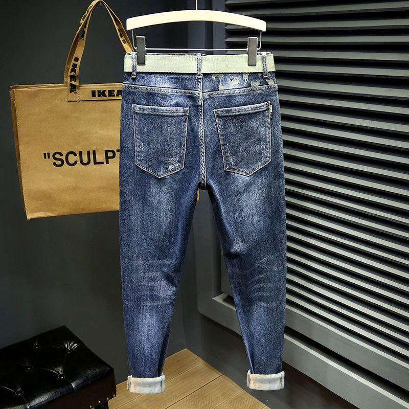 2024New Fleece Padded Jeans Men's Autumn and Winter Leisure Washed-out All-Match Stretch Slim Fit Tapered Pants Men's Fashion Brand