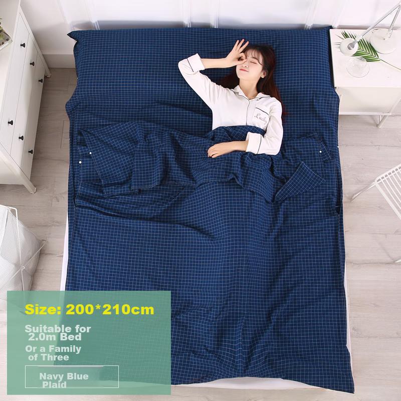 Xinqin Sleeping Bag Liner, Travel Dirt-Proof Pure Cotton Bed Sheet, Hotel Portable Anti-Dirt Bed Cover, 2.0*2.1m, Navy Blue Small Check Patter