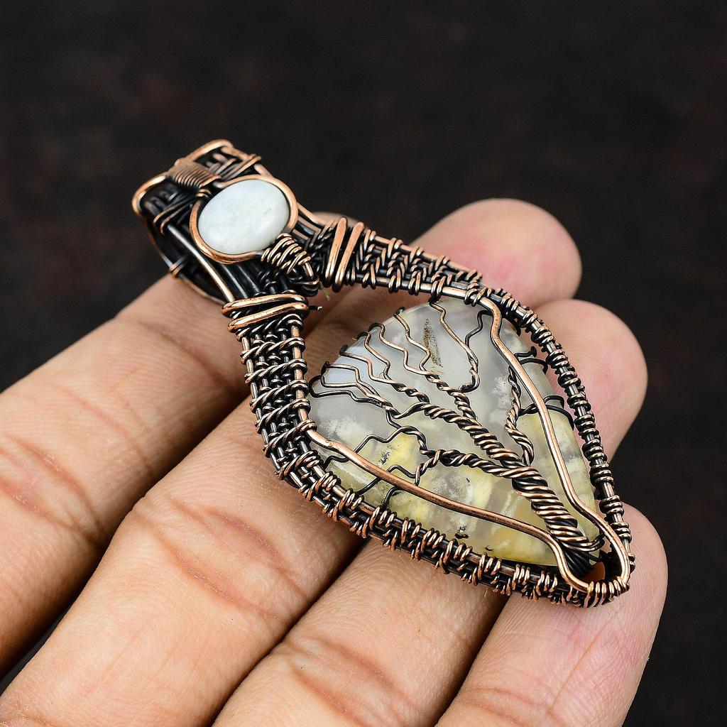 Lebensbaum Feder Achat Edelstein Anhänger Kupferdraht gewickelter Anhänger Handgefertigter Anhänger Regenbogenmondstein Anhänger Geschenk für Mutter Brautgeschenk