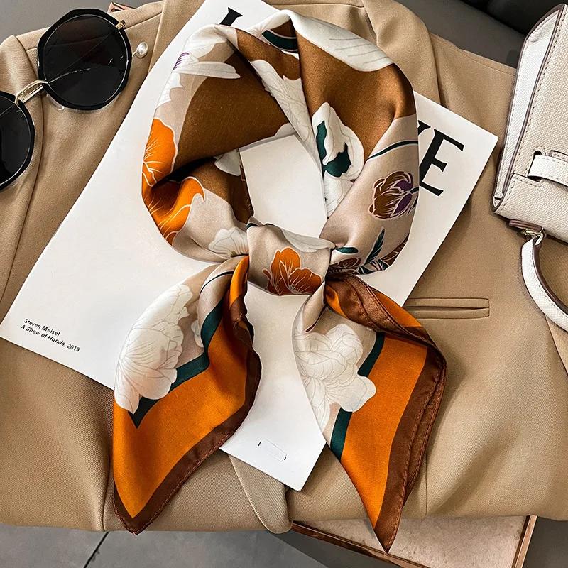 New Floral Print Shawl Design Silk Square Scarf Women Female Wrap Headkerchief Hijab Beach Stoles Hair Band Echarpe Bandana 2023