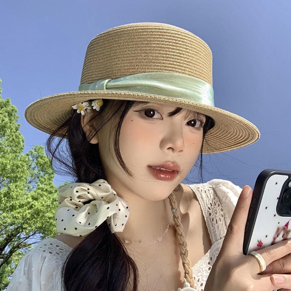 French Style Straw Woven Hat Elegant Women's Sun Hat Simple Beach Flat Top Hat  Seaside