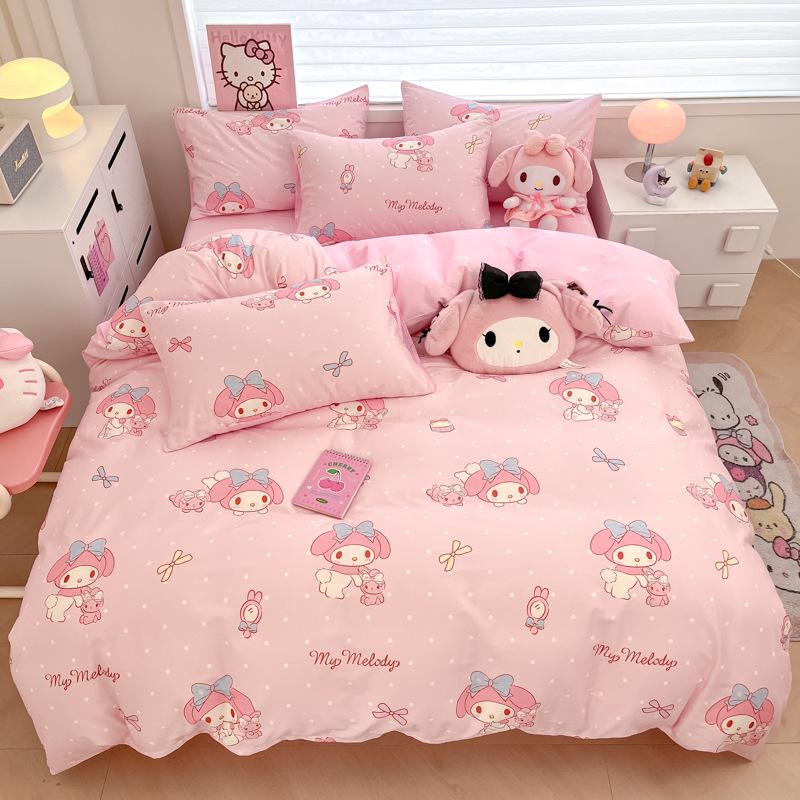 Hello Kitty All-Cotton Cute Cartoon Girl Fitted Sheet & Duvet Set - 4-Pc Dorm Style