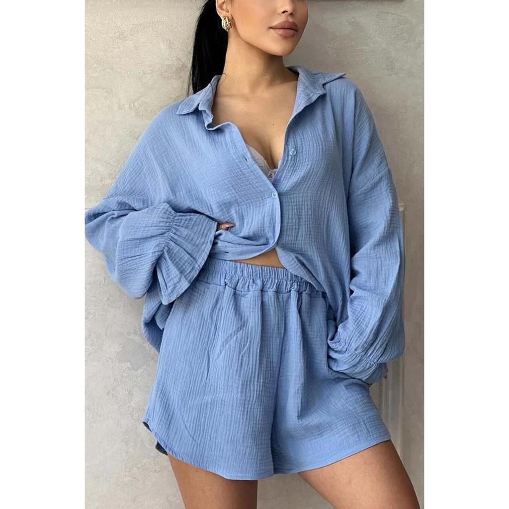 Women's European American Style 2-piece Outfit - Crinkled Fabric Lapel Long Sleeve Blouse + High Waist Fashion Casual Shorts