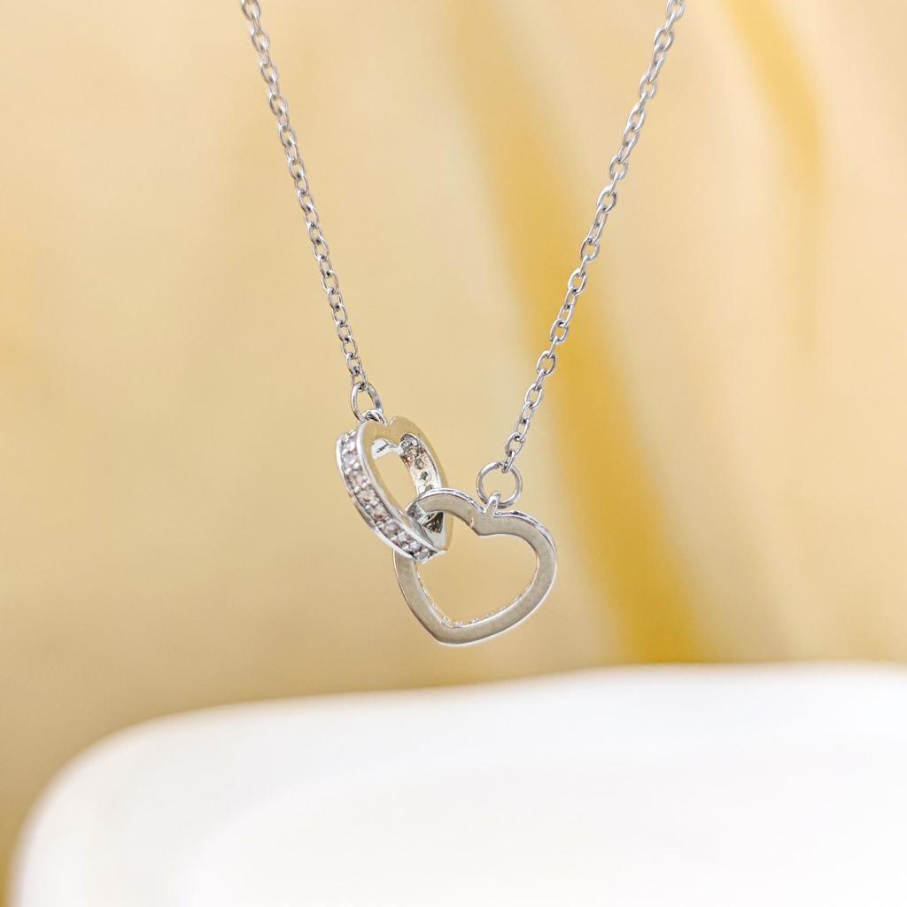 18K Gold Heart Double Ring Titanium Steel Necklace with Diamond Inlay - Versatile Ins Style for Women