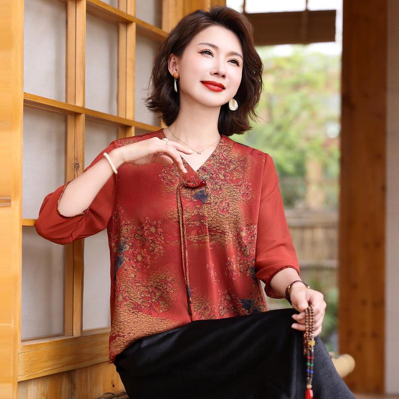 

Chinese Style Loose Printed T-Shirt for Middle-Aged and Elderly Mothers 3XL (suggested 120-135 jin) червоний