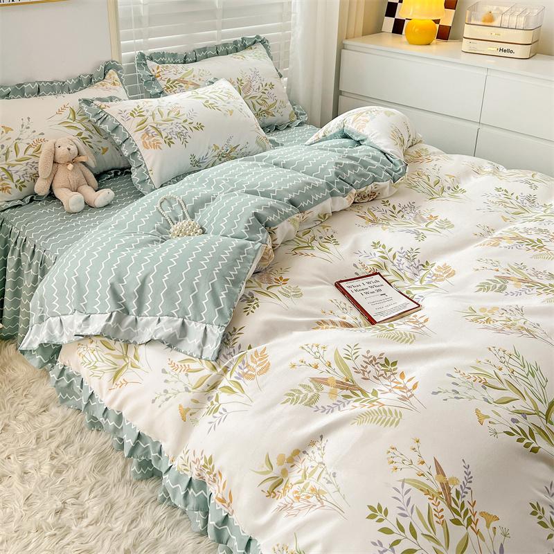 

3pcs Plant Floral Thickened Duvet Cover Set, Ruffle Design Comforter Cover with 2 Pillowcase, White Flower Pattern Bedding Set Single 150x200cm
