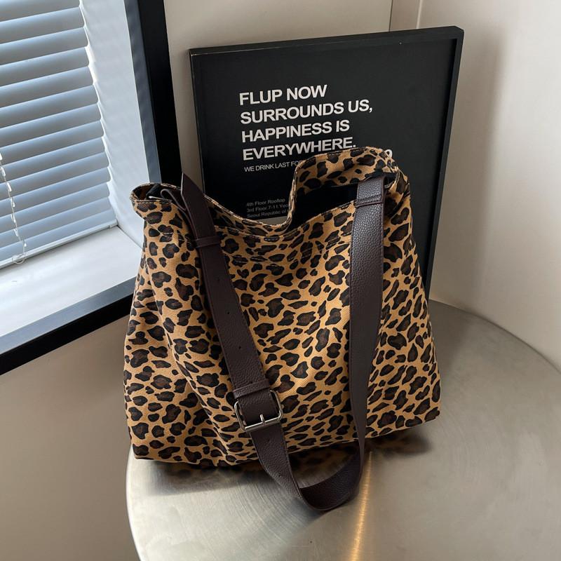 Ielgy Leopard Print Canvas Tote Bag Student Class Large Capacity Underarm Bag