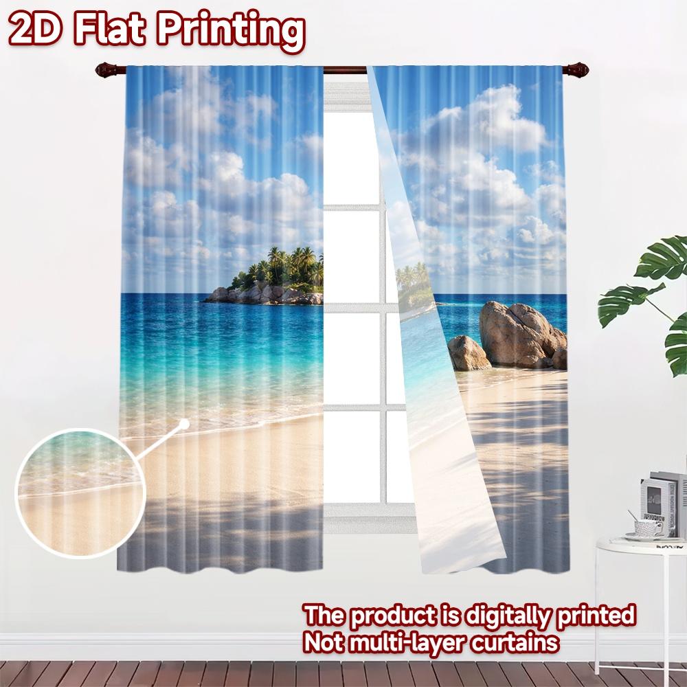 2D Flat Printing 2pcs Curtain Scene Curtains Tropical Beach Paradise Digital Printed Polyester Drapes Festive Wall Decor Perfect