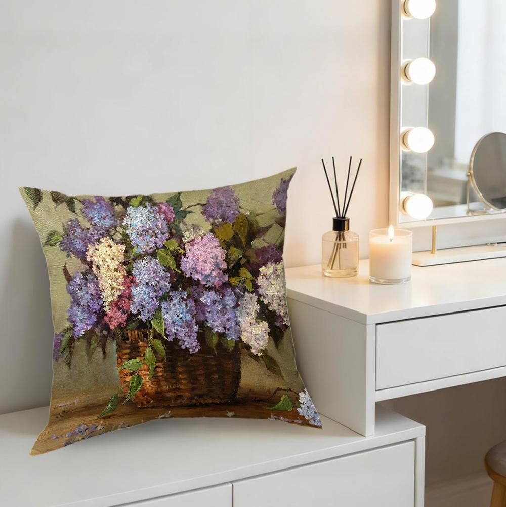 1pc Vintage Floral Basket Cushion Cover Purple Blue Hydrangea Pillowcase For Sofa Bed Living Room Home Decor Soft Breathable x-2