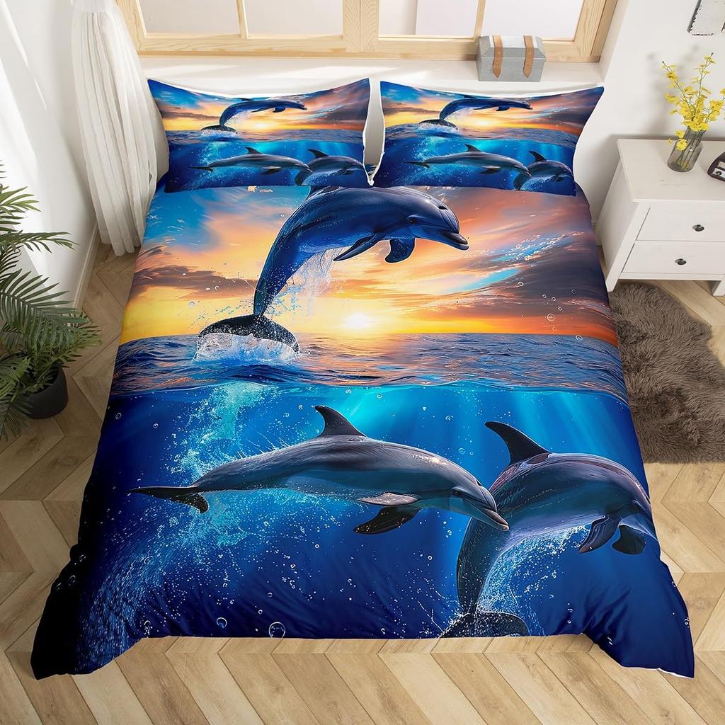 Comforter Jumping Dolphin Marine Themed Bedding Set King Full Twin For Kids Adults Decor Microfiber Ocean Animals