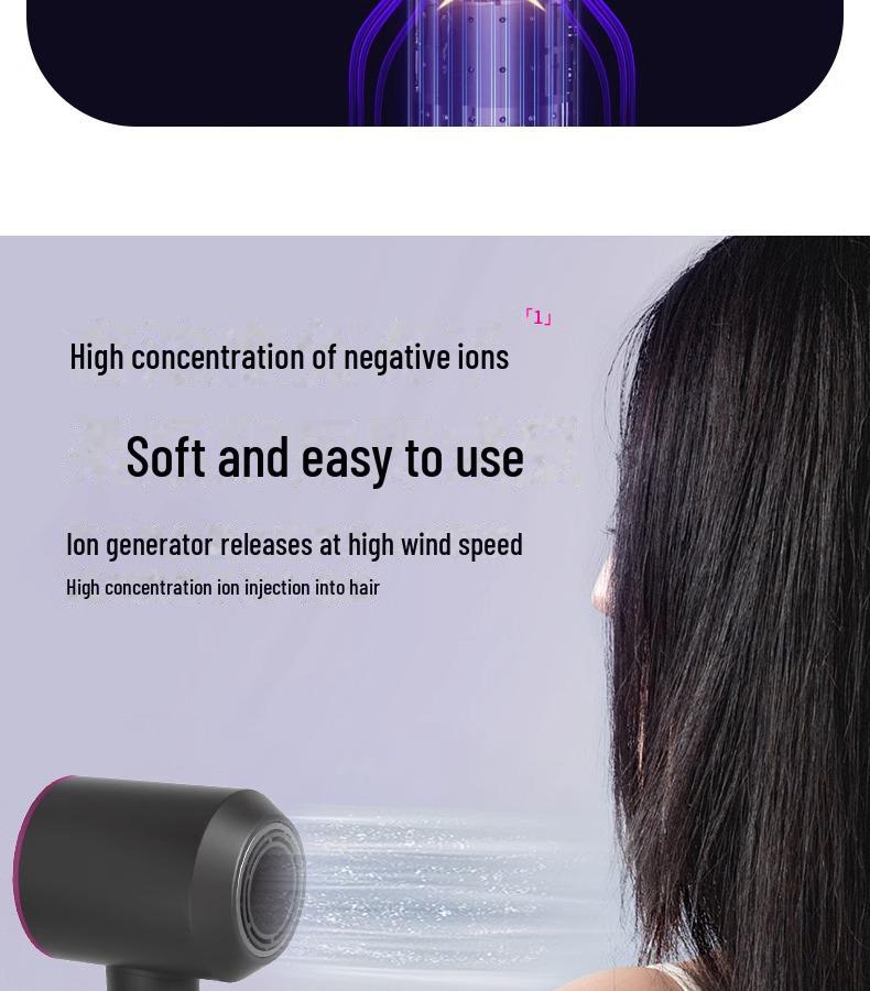Leafless High-Speed Silent Hair Dryer with Negative Ion Technology for Home and Dorm Use.