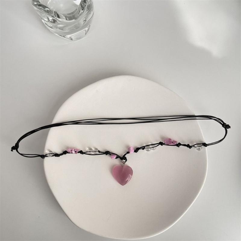 Heart Natural Stone Necklace Woven Rope Chain Choker for Women Girl Unisex Necklace Gemstone-Jewelry Ornament Gift
