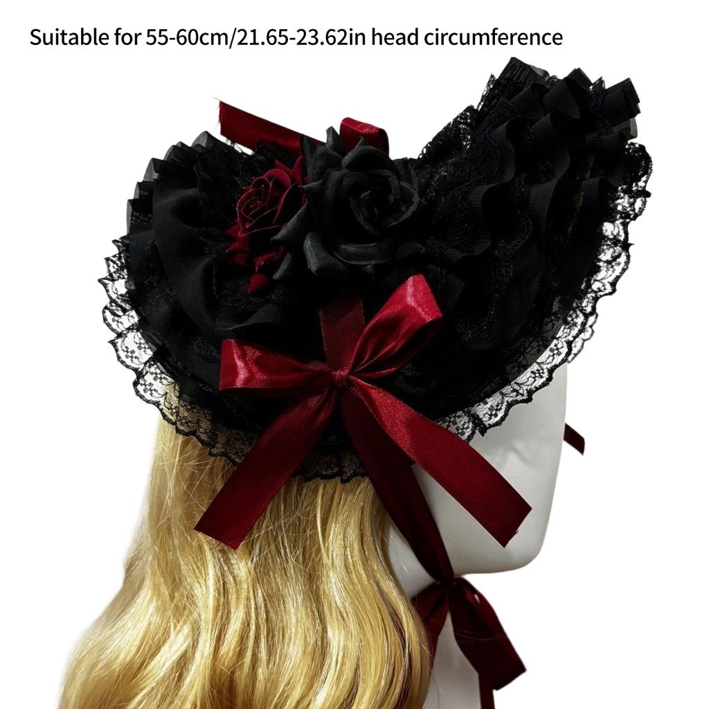 Victorian Lace Straw Bonnet Hat Dark Series Hat With Adjustable Tie and Ribbon Bowknot For Women Anime Theme Event Wear