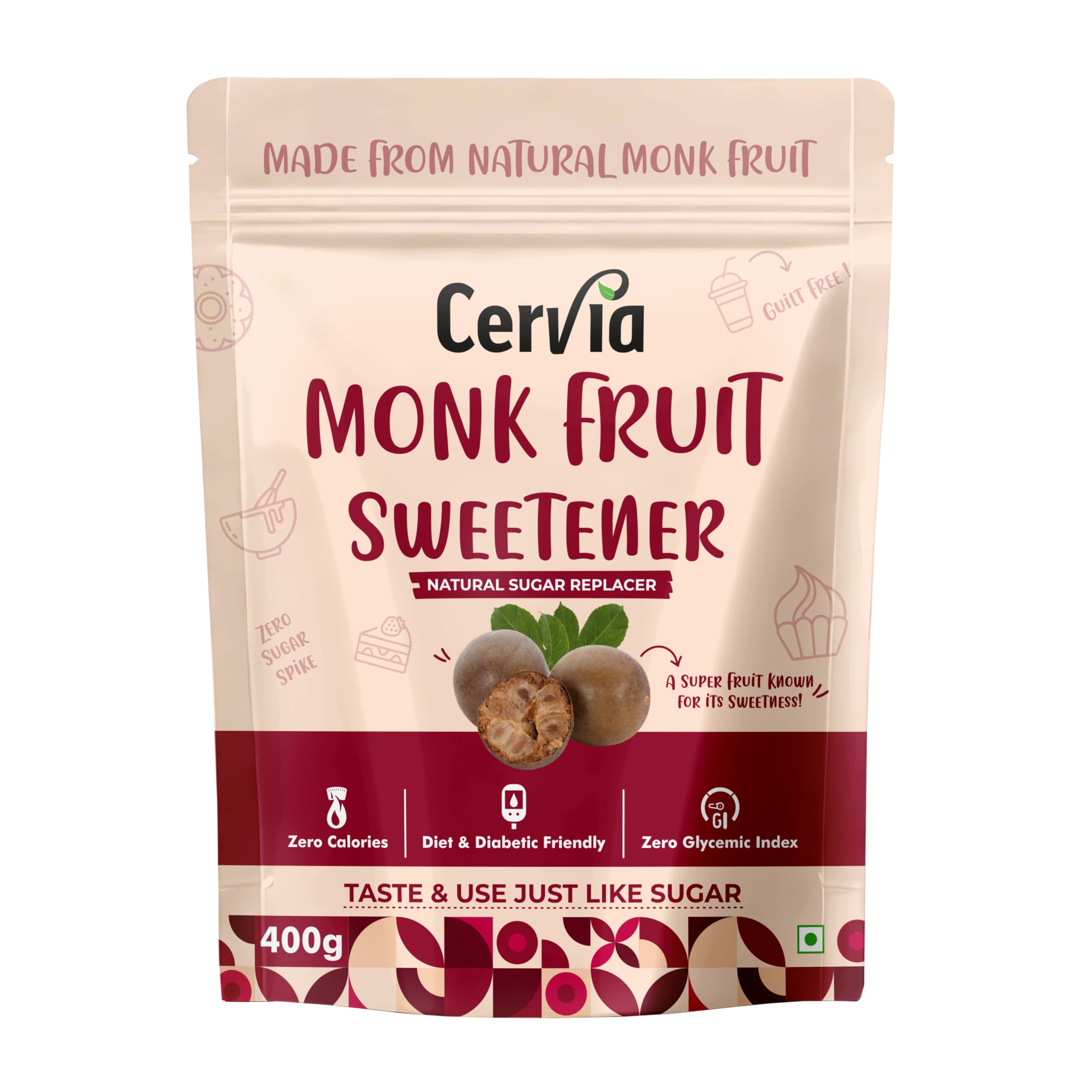 Cervia Monk Fruit Natural Sweetener 400g | 100% Natural Sugar Replacement | Zero Calories | Zero Glycemic Index | No Blood Sugar Spike | Diabetic &