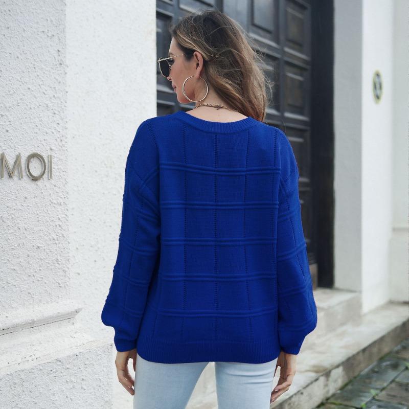 Women Loose Fit Long Sleeve Plaid Knit Sweater Autumn Winter