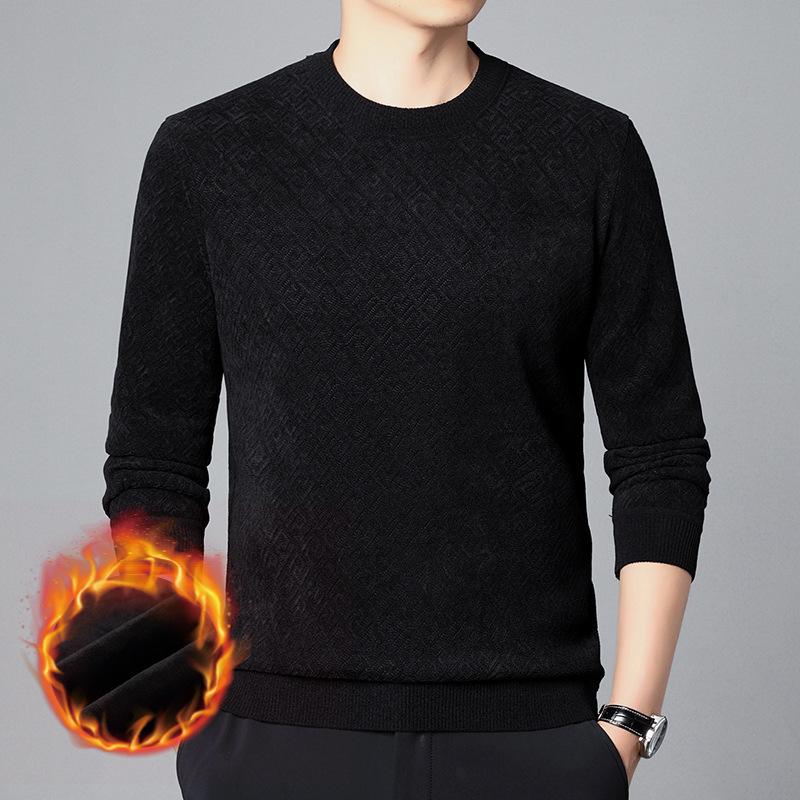 

Зимний свитер для мужчин молодого и среднего возраста с бархатом и утолщенным круглым вырезом, теплый топ, модный и универсальный, однотонный, с узором «переплетение» 4XL
