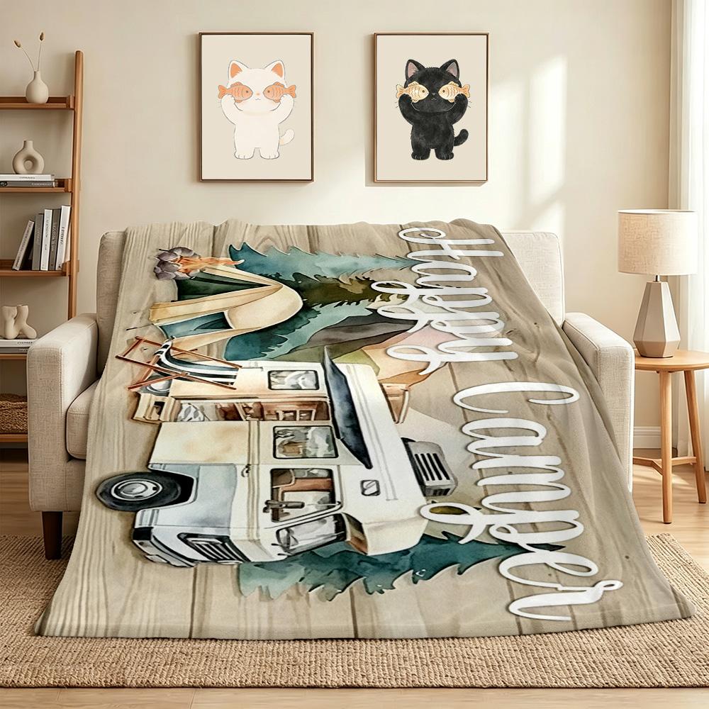 Happy Camper Flannel Blanket Throw Blanket Soft Warm Sofa Bed Camping home Decor Unique Christmas Gift C9261764