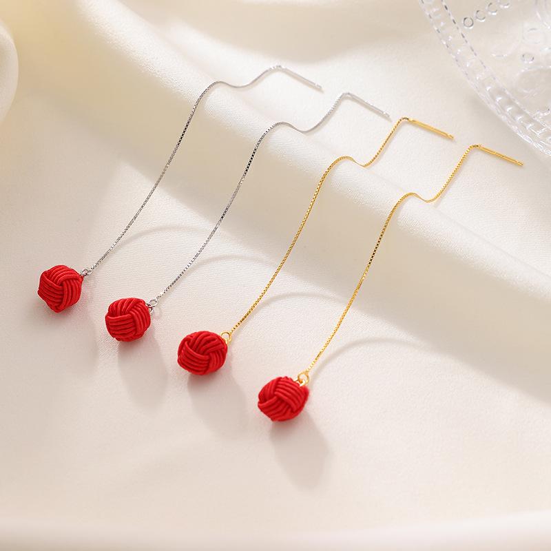 Banyan Tree S925 Silver Heart Knot Festive Long Red New Year Earrings for Women