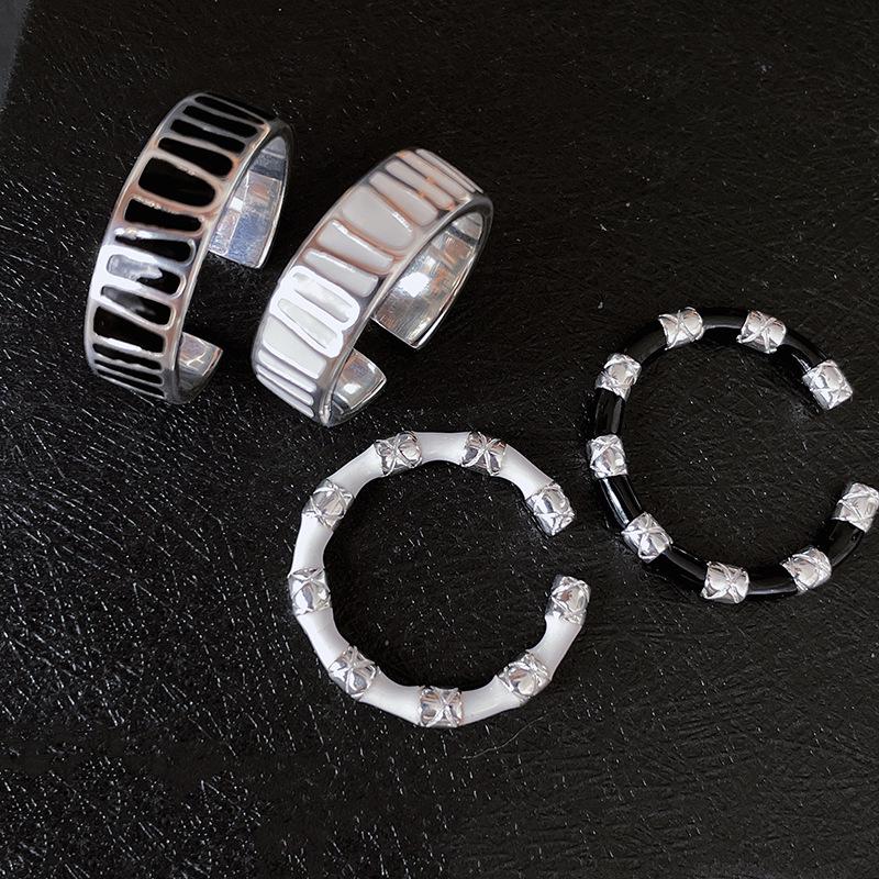Black & White Drip Glaze Geometric Irregular S925 Silver Wide Band Open Ring