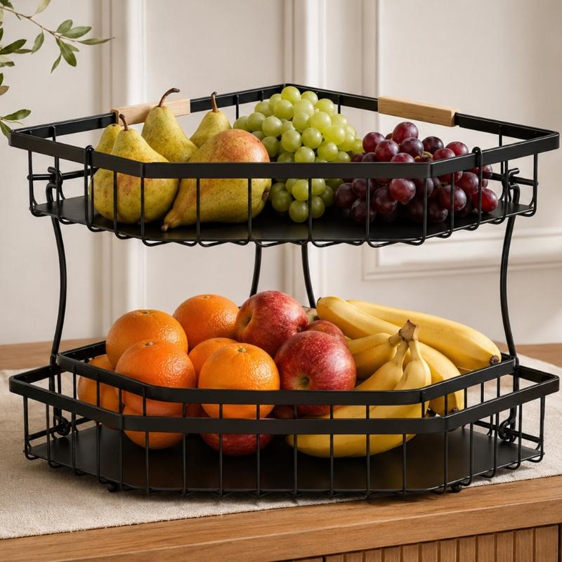 Space Saving 2 Level Fruit Basket for Kitchen Counter, Carbon Steel Produce Holder with Open Access for Vegetables, Bread and Daily Foods
