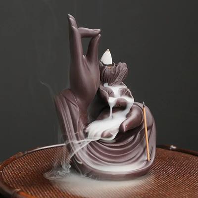 1 Stück, Keramik-Handwerk Buddha-Hand Rückfluss-Räuchergefäß Lotus-Stäbchen-Räucherstäbchenhalter Teehaus Dekorieren (Ohne Weihrauch)