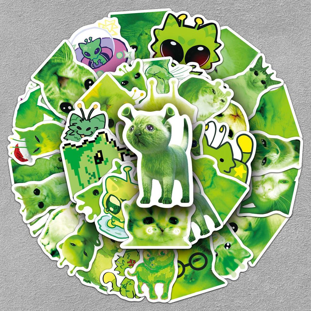 50 Abstract Alien Cat Stickers: Green Goofy Kitten Emoticons for Journals, Stationery, Suitcases - No-Cut Stickers