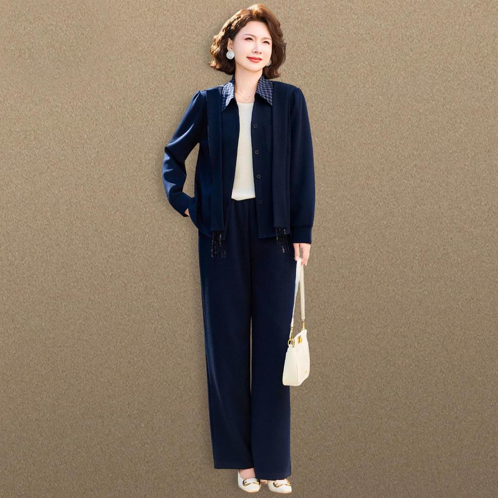 Sophisticated Spring & Autumn Two-Piece Set for Middle-Aged and Elderly Women - 2026 New Style Lapel Shirt Set