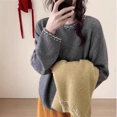 Gentle Wind Fashion Heavy Industry Bead Knitted Sweater Women's Autumn and Winter New Loose and Thin Pullover Solid Color Sweater Women