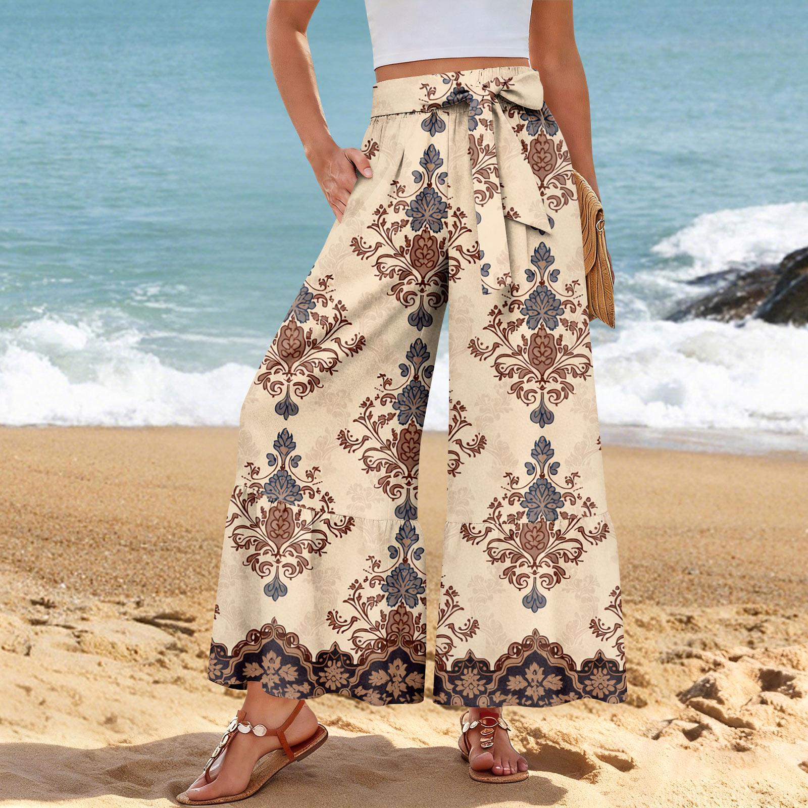 

Women s Wide-Leg Casual Pants, Stretch, High Waist, Ruffled Hem, Wide Legs, Belted, And Pockets S хакі