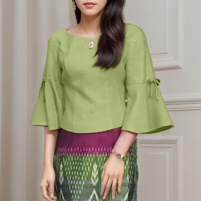 ZANZEA Women Casual Round Neck Solid Color 3/4 Sleeve Blouse