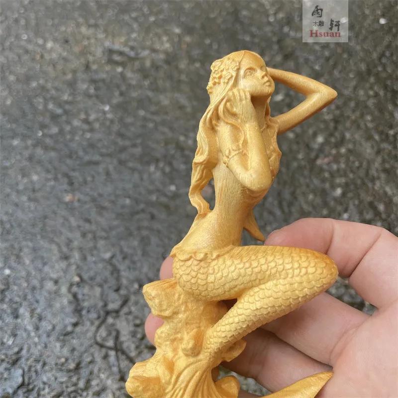 Wood Mermaid Statue Water Fish Girl Sculpture Handmade Wood Carving Home Decoration Beauty Figure Craft Collection Girl Gift