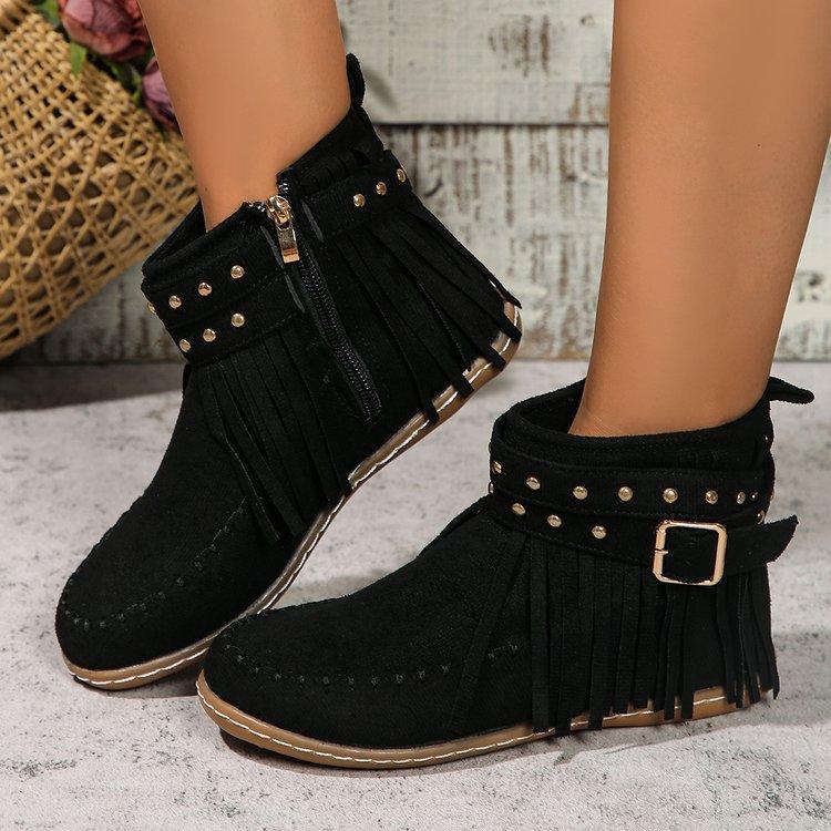 Large Size Rivet Tassel Metal Buckle with Short Tube Cigarette Boots Autumn and Winter New Flat-bottomed Warm Women's Boots