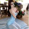 French blue floral suspender dress women's summer seaside vacation beautiful slim pure desire fishtail hip wrap dress
