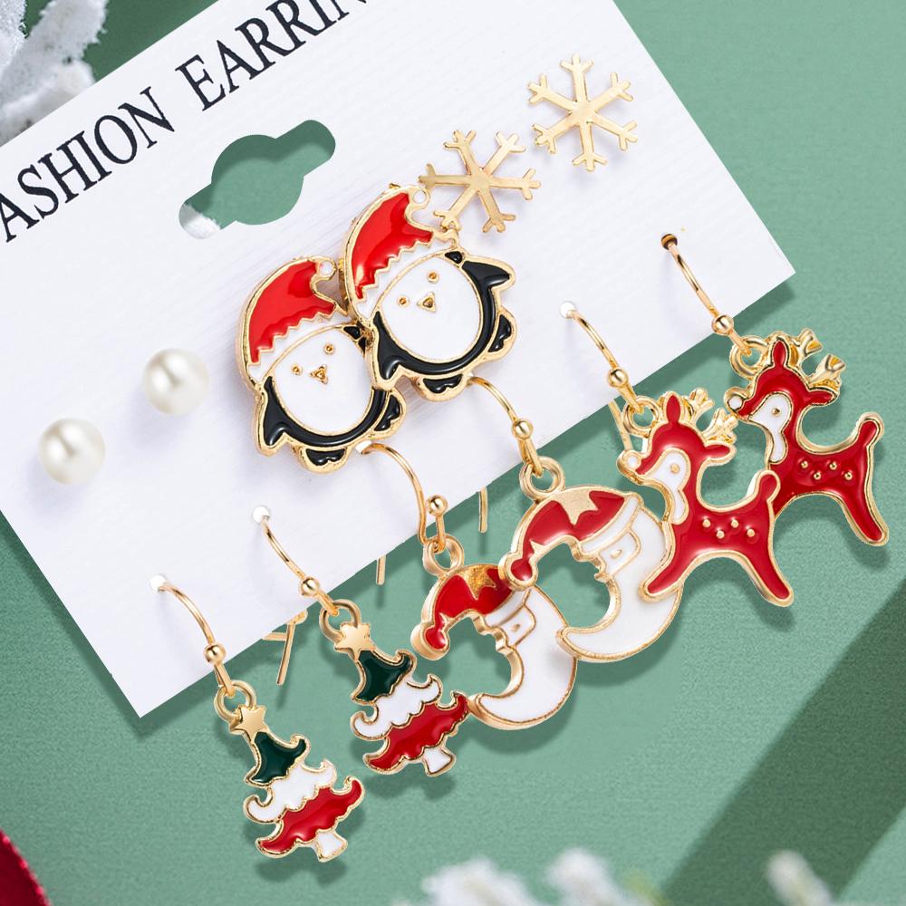 6 Piece Set Earrings And Earrings Fashionable Versatile Christmas Series Simple Deer Christma Tree Snowflake Pattern Accessories