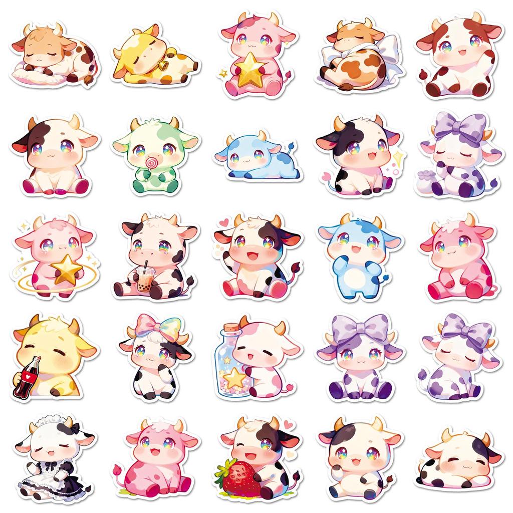 50PCS Cute Cartoon Cow Stickers - Small Animal Q Version for Notebooks, Journals, Phones - Waterproof & Girly DIY Decor